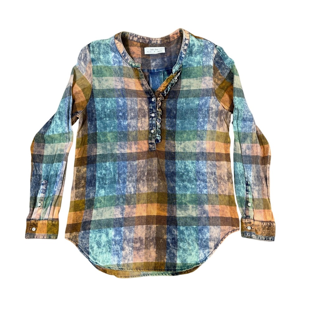 Isabella Sinclair Plaid Ruffle Henley Top Blue Orange Acid Wash Cotton Medium